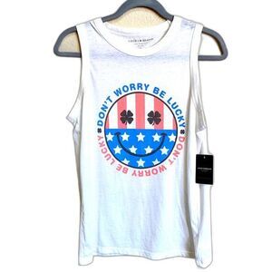 Lucky Brand white tank top DONT WORRY BE LUCKY tank top size S boho bohemian